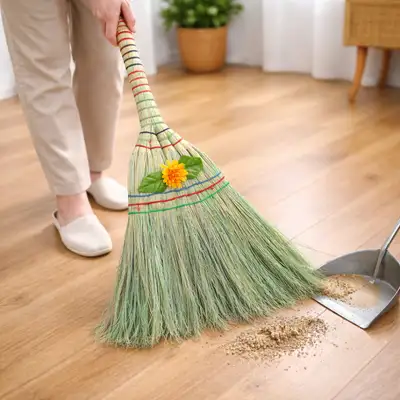 85cm Green Flower Broom (Long Handle Broom for Salon Office Classroom School Outdoor Cleaning Yard Broom)