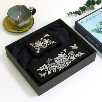 N 螺钿漆器 2种花鸟贝壳名片盒+笔筒+礼盒(自动)