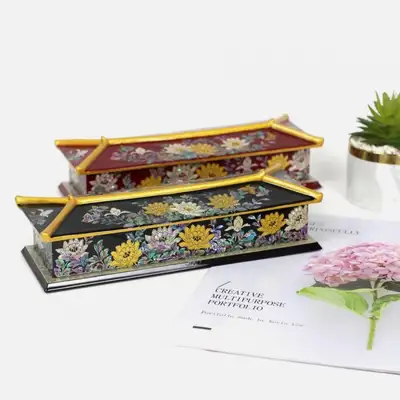 高级贝壳镶嵌金箔瓦纹笔筒