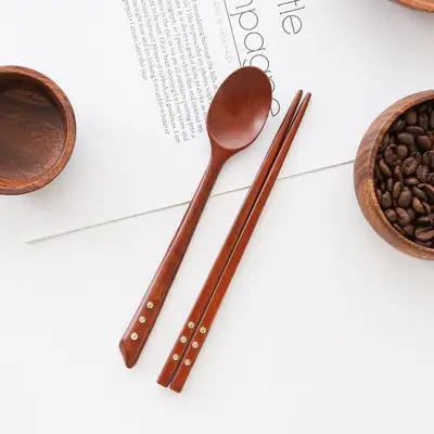 1套漆器星花螺钿儿童斜纹木勺叉套装D
