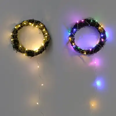 木製リース円形15 + ストリングライト（クリスマスパーティー 冬飾り ムードライト LED照明 インテリア ウォールデコ）