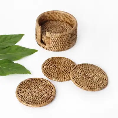 Premium Rattan Round Tea Coaster 6-Piece Set with Storage Box