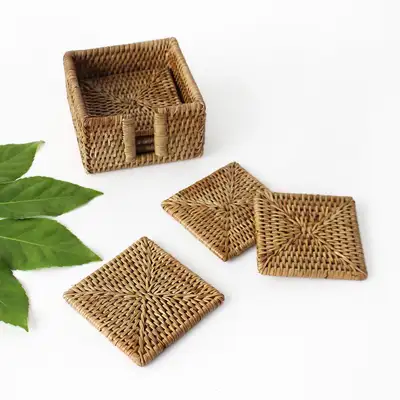 Premium Rattan Square Tea Coasters 6-Piece Storage Set (Cup Coasters Tea Cups Coffee Cups Wood Coasters Table Mats)
