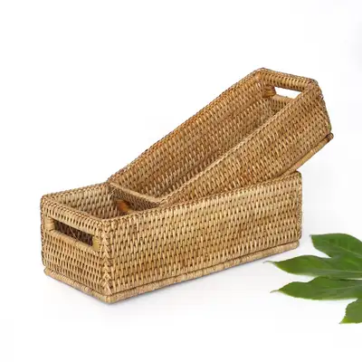 Rattan Rectangular Basket (Aesthetic Cafe Decor Seaweed Fruit Basket Storage Drawer Organizer Cutlery Container)