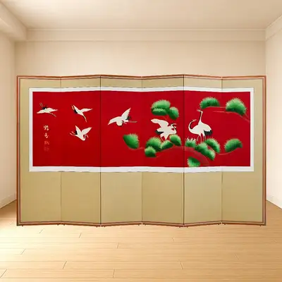 松鹤连接手工刺绣六折屏风+支撑橡胶赠送