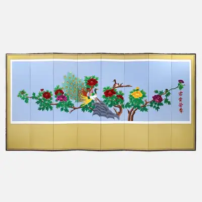 孔雀连接8幅刺绣屏风+支撑橡皮赠送