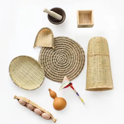Traditional Kitchen Experience Set (Bamboo Water Dipper, Sieve, Measuring Wooden Vessel, Sesame Grinder, Mortar, Egg Model, Rice Strainer, Mini Key)
