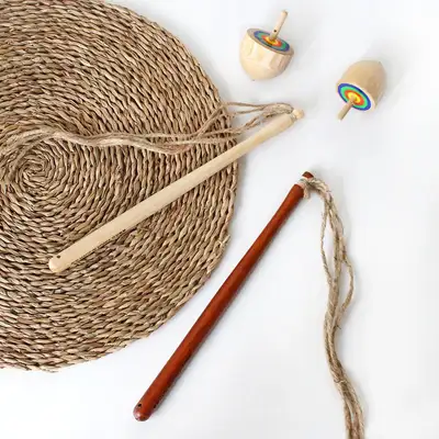 Domestic Wooden Spinning Top with Whip | Traditional Folk Game