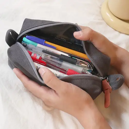 O-CHECK Canvas Square Multi Pouch Pen Case Pen Pouch — 3
