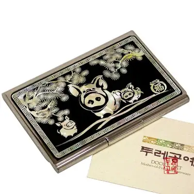 松の木と福豚螺鈿携帯名刺入れ