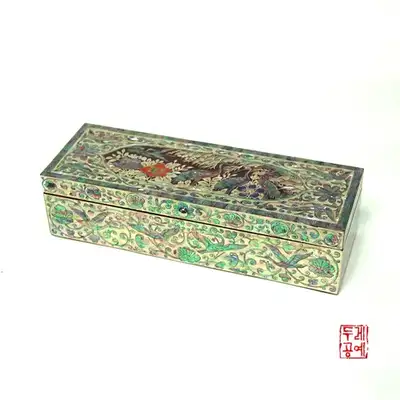 李朝螺鈿鶴紋筆硯箱 [朱合]