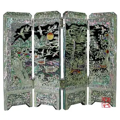 螺鈿十長生四曲屏風 [黒]