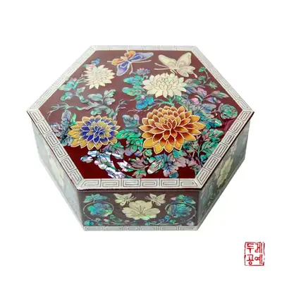 菊と蝶の六角形マルチ用途箱 [朱色]