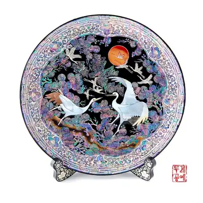 月下群鶴 真珠貝 円形トレー