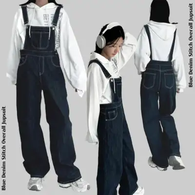 Loose Fit/Suspender Pocket Stitch Wide Denim Overalls Jumpsuit